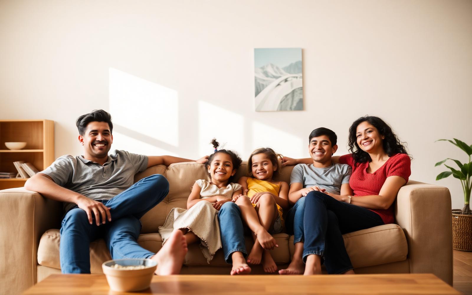 Família reunida em casa sorrindo